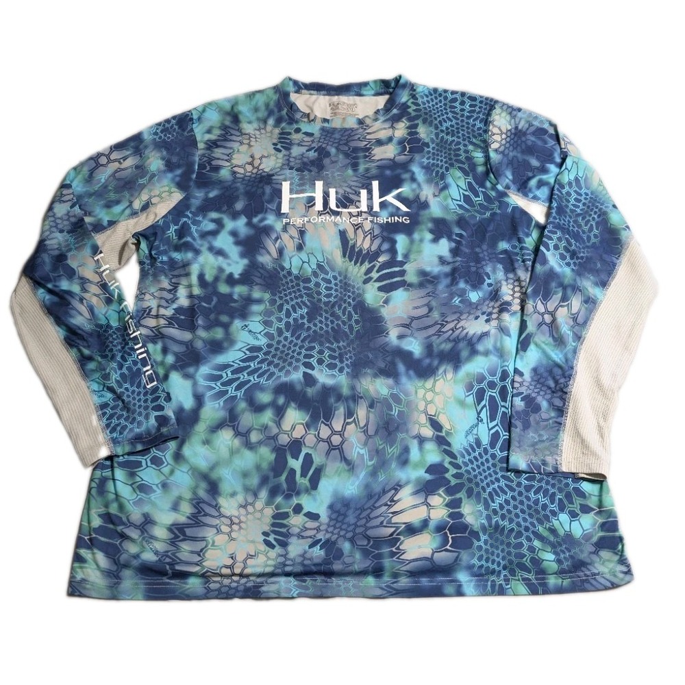 Huk Kryptek Pontus Fishing Shirt Mens XXL Blue Camo Long Sleeve Mesh Performance
